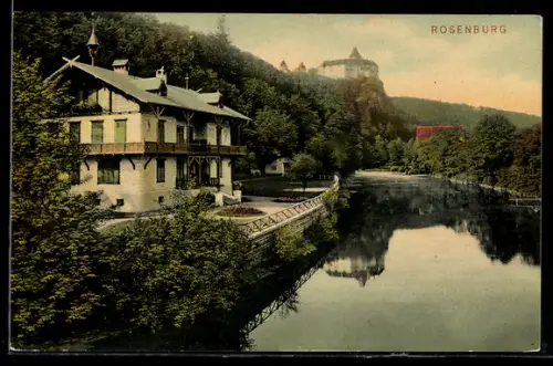AK Rosenburg, Uferpartie mit Villa
