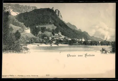 AK Hallein, Uferpartie mit Ortsansicht und Bergkulisse