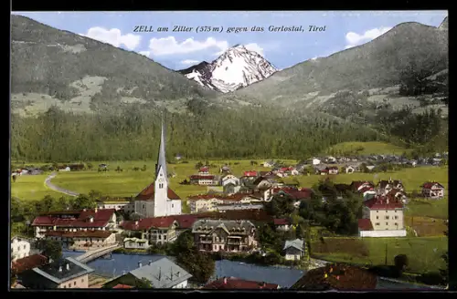 AK Zell am Ziller, Blick gegen das Gerlostal mit Kirche und Bergpanorama