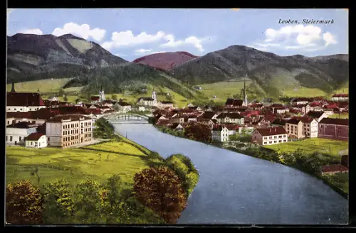 AK Leoben /Steiermark, Panorama mit Fluss, Brücke und Kirchen