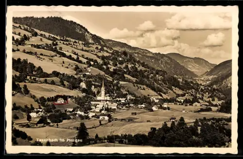 AK Taxenbach im Pinzgau, Panorama mit Kirche und Tal