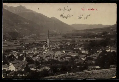 AK Schlanders, Panorama mit Kirche und Talblick