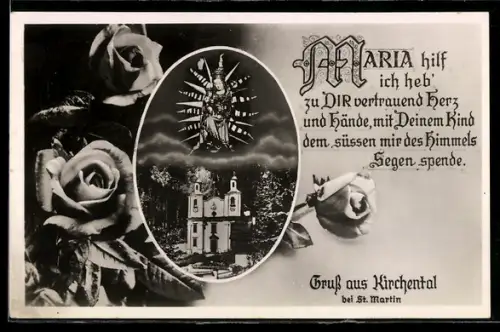 AK St. Martin b. Lofer, Kirche mit Marienbild und Rosen