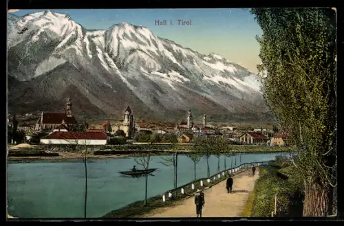 AK Hall i. Tirol, Panorama mit Fluss, Promenade und Gebirgspanorama