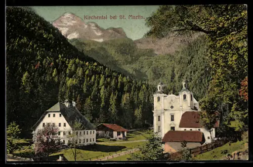 AK St. Martin bei Lofer, Kirchental bei St. Martin, Kirche, Tal mit Gehöften und Gebirgspanorama