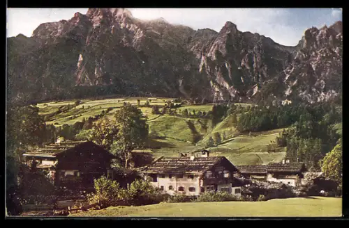 AK Leogang, Leoganger Steinberge, Bergpanorama mit Gehöften