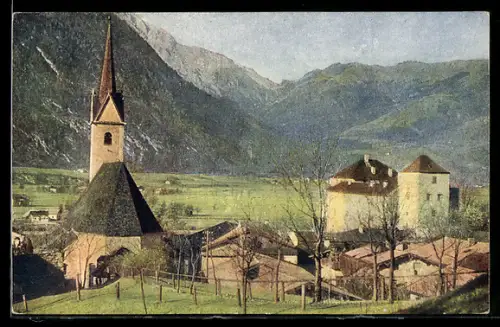 AK Golling, Kirche und Schloss, Gebirgspanorama