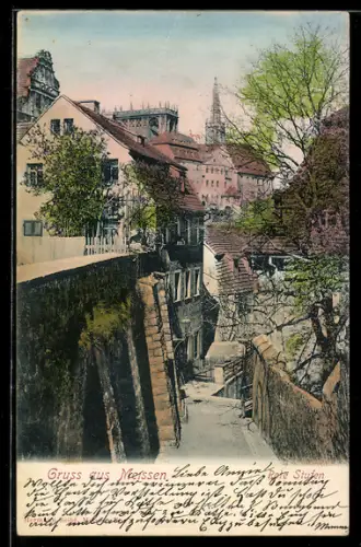 AK Meissen, Blick in die Strasse Rote Stufen