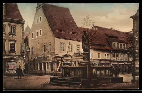AK Meissen, Strassenpartie am Heinrichsplatz mit Brunnen und Weingrosshandlung von Otto Horn