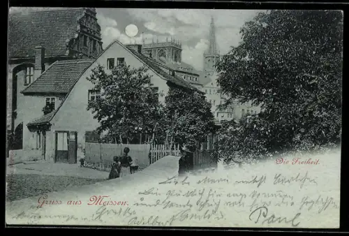 Mondschein-AK Meissen, Motiv aus der Strasse Freiheit