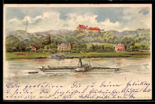 Künstler-AK Meissen, Schloss Siebeneichen, historisches Boot mit Schaufeln