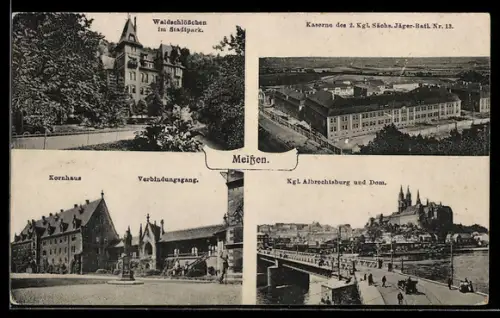 AK Meissen, Hotel Waldschlösschen im Stadtpark, Kornhaus mit Verbindungsgang, Kgl. Albrechtsburg und Dom