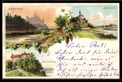 Lithographie Meissen, Albrechtsburg, Hirschstein, Scharfenberg