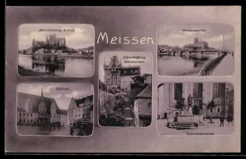 AK Meissen, Heinrichsbrunnen, Schlosstufen an Albrechtsburg, Rathaus