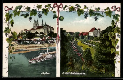 AK Meissen, Stdtansicht m. Dampferanleger, Schloss Siebeneichen