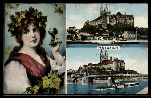 AK Meissen, Albrechtsburg und Dom, Frau mit Weinglas