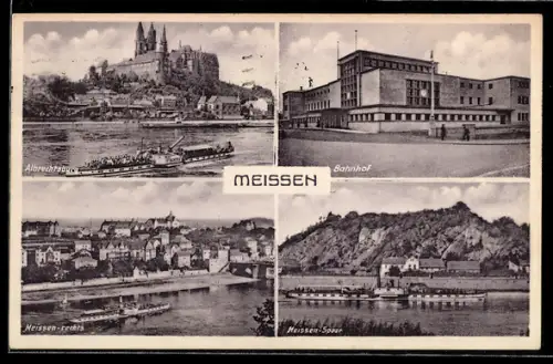 AK Meissen, Albrechtsburg mit Dampfer Bastei, Bahnhof, Spaar