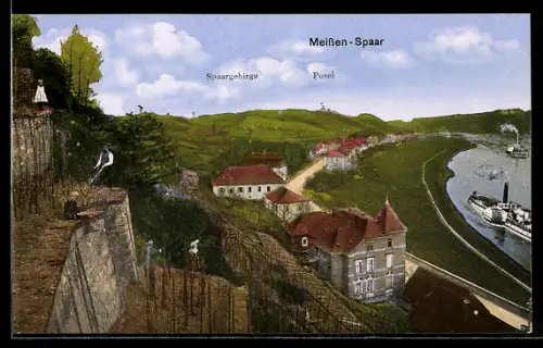 AK Meissen-Spaar, Strassenpartie mit Posel und Spaargebirge