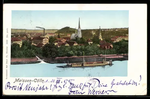 Goldfenster-AK Meissen, Cölln, Uferpartie mit Kirche