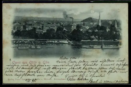 Mondschein-AK Cölln a. Elbe, Uferpartie mit Kirche