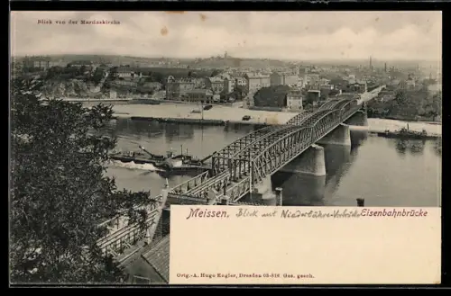 AK Meissen, Gesamtansicht mit Eisenbahnbrücke