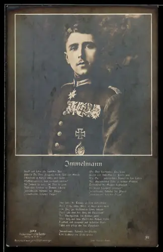Foto-AK Sanke Nr. 377: Portrait von Pilot Max Immelmann, Adler von Lille, Pour le Mérite, EK I 1914