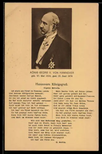 AK König Georg V. von Hannover im Profil, Hannovers Königsgruss