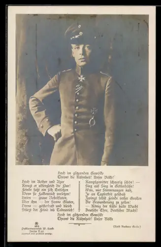 Foto-AK Sanke Nr. 393: Kampfflieger Leutnant Oswald Boelcke in Uniform, Gedicht zu Ehren Boelckes