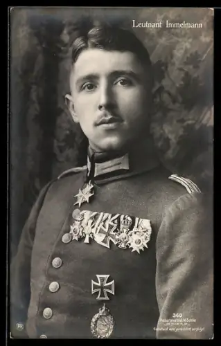 Foto-AK Sanke Nr. 360: Oberleutnant Immelmann, Portrait mit Orden, Pour le Mérite