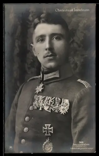 Foto-AK Sanke Nr. 360: Oberleutnant Immelmann, Portrait mit Orden, Pour le Mérite