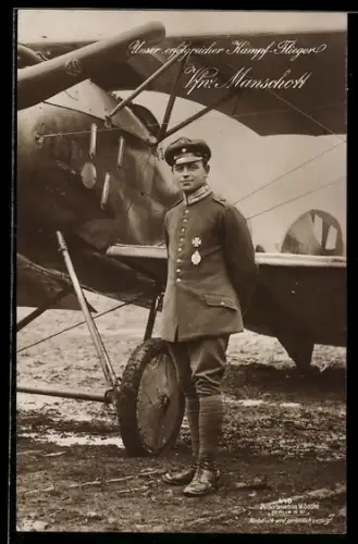 Foto-AK Sanke Nr. 448: Kampfflieger Friedrich Manschott neben einem Flugzeug