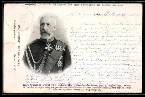 AK Karl Günther Fürst von von Schwarzburg-Sondershausen in Uniform mit Pour le Mérite mit Schwertern