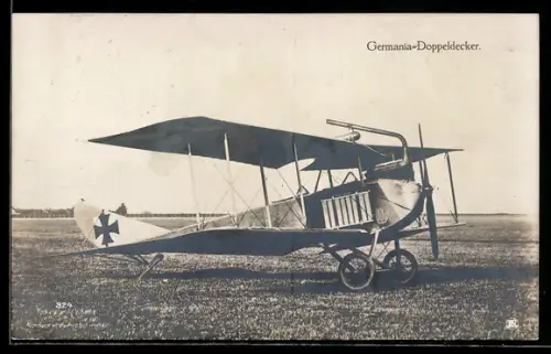 Foto-AK Sanke Nr. 324: Deutsches Doppeldeckerflugzeug auf einem Feld