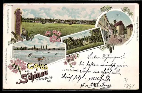 Lithographie Schönau an der Triesting, Totale, Kirche, Reinett und Teich