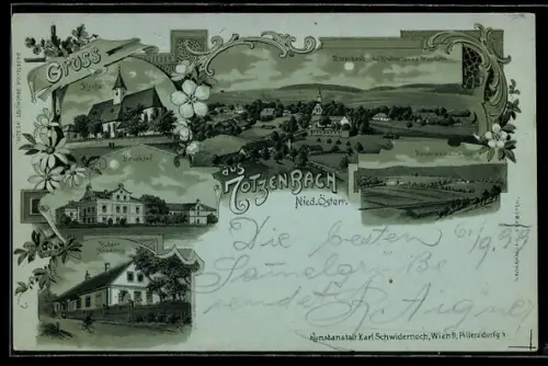 Mondschein-Lithographie Kirchstetten /Nied. Österr., Totzenbach, Bruckhof, Huber`s Handlung, Haspelwand