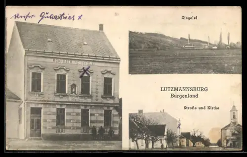 AK Lutzmannsburg /Burgenland, Schule, Ziegelei, Strasse und Kirche