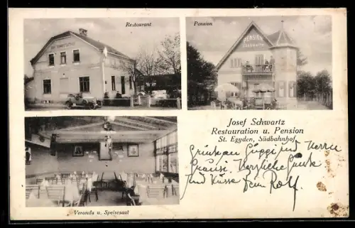 AK St. Egyden am Steinfeld, Restaurant und Pension Josef Schwartz, Veranda und Speisesaal