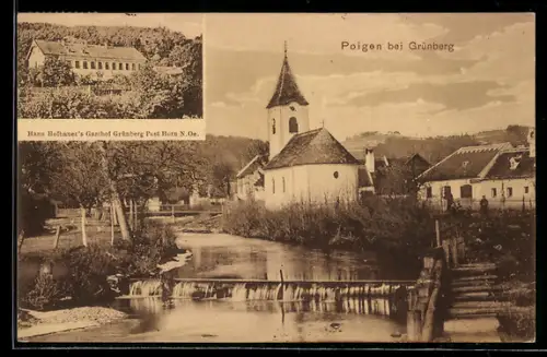 AK Poigen bei Grünberg, Hans Hofbauer`s Gasthaus, Weiher vor der Kirche