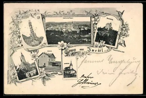 AK Zwettl, Rastenberg mit Burg, Bahnhof, Stift Zwettl