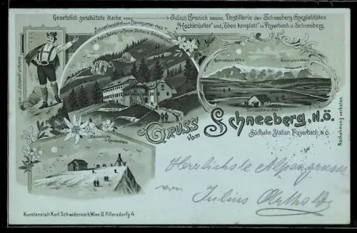 Mondschein-Lithographie Puchberg am Schneeberg, Schneeberghotel zum Baumgartner, Klosterwappen und Kaiserstein