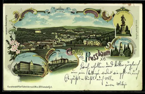 Lithographie Pressbaum, Prix Denkmal, Pensionat Norbertinum, Kaiser-Josef-Denkmal