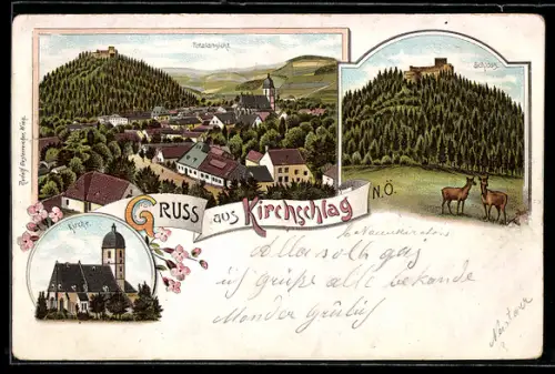 Lithographie Kirchschlag, Blick über die Dächer, Rehe, Schloss