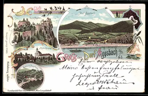 Lithographie Aggsbach a. D., Karthause, Maria Langegg, Ruine Aggstein