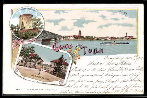 Lithographie Tulln, Stadtturm, St. Pöltnertor, Blick übers Wasser mit Dampfer