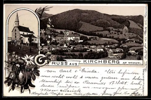 Lithographie Kirchberg am Wechsel, Ortsansicht mit Kirche