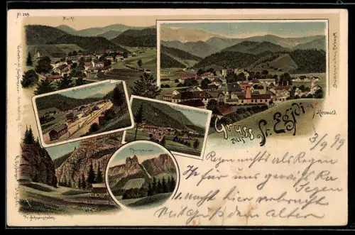 Lithographie St. Aegyd am Neuwald, Bahnhof, Eisenwerk, Thurmmauer und Markt