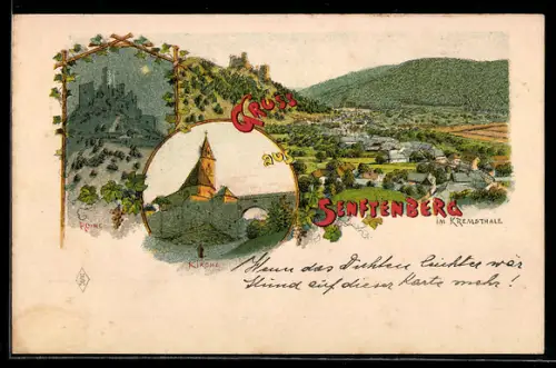 Lithographie Senftenberg im Kremsthale Kirche, Ruine