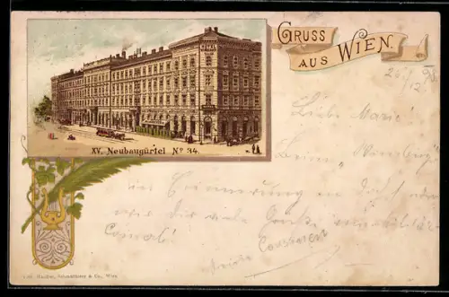 Lithographie Wien, Hotel Wimberger mit Restaurant, Strasse Neubaugürtel 34, Pferdebahn