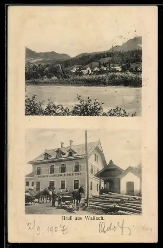 AK Greifenburg /Kärnten, Waisach, Gasthaus und Handlung F. Kolbitsch, Blick zum Ort