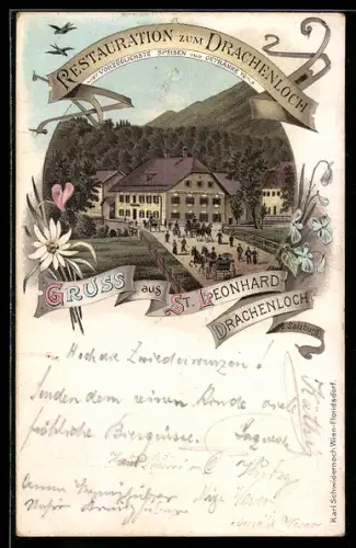 Lithographie Grödig, St. Leonhard bei Salzburg, Restaurant zum Drachenloch